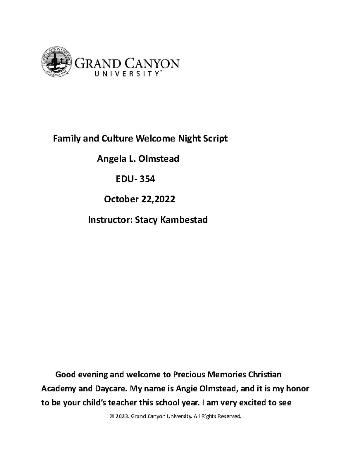 EDU-354Family Culture - Family and Culture Welcome Night Script Angela ...
