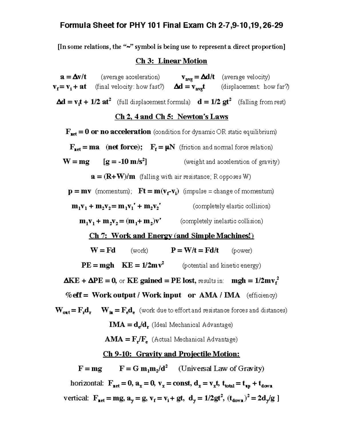 F Ma Exam Formula Sheet