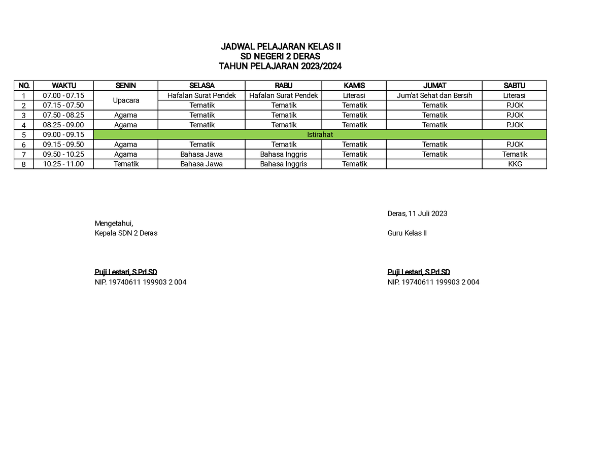 Jadwal Pelajaran Harian Kelas 2 Semester I Dan II 2023 2024-1 - JADWAL ...