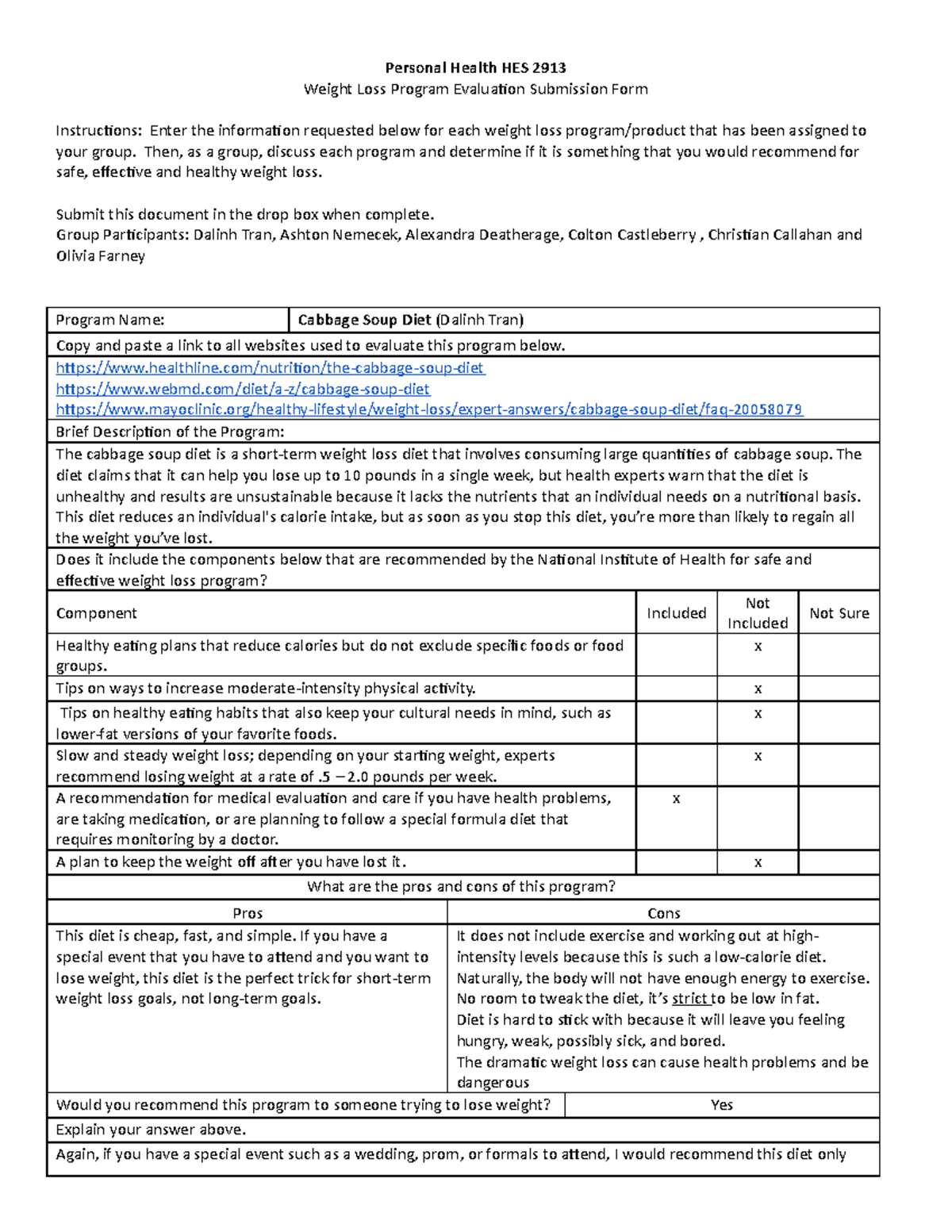 Weight Loss Program Evaluation Submission Form Then, as a group