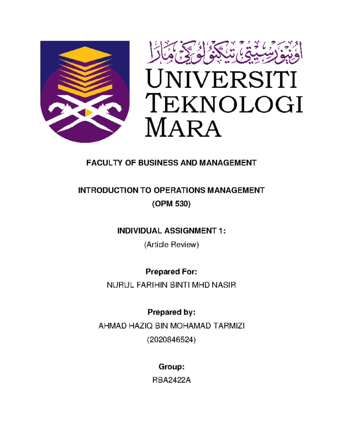 OPM530 - Article Review - FACULTY OF BUSINESS AND MANAGEMENT ...