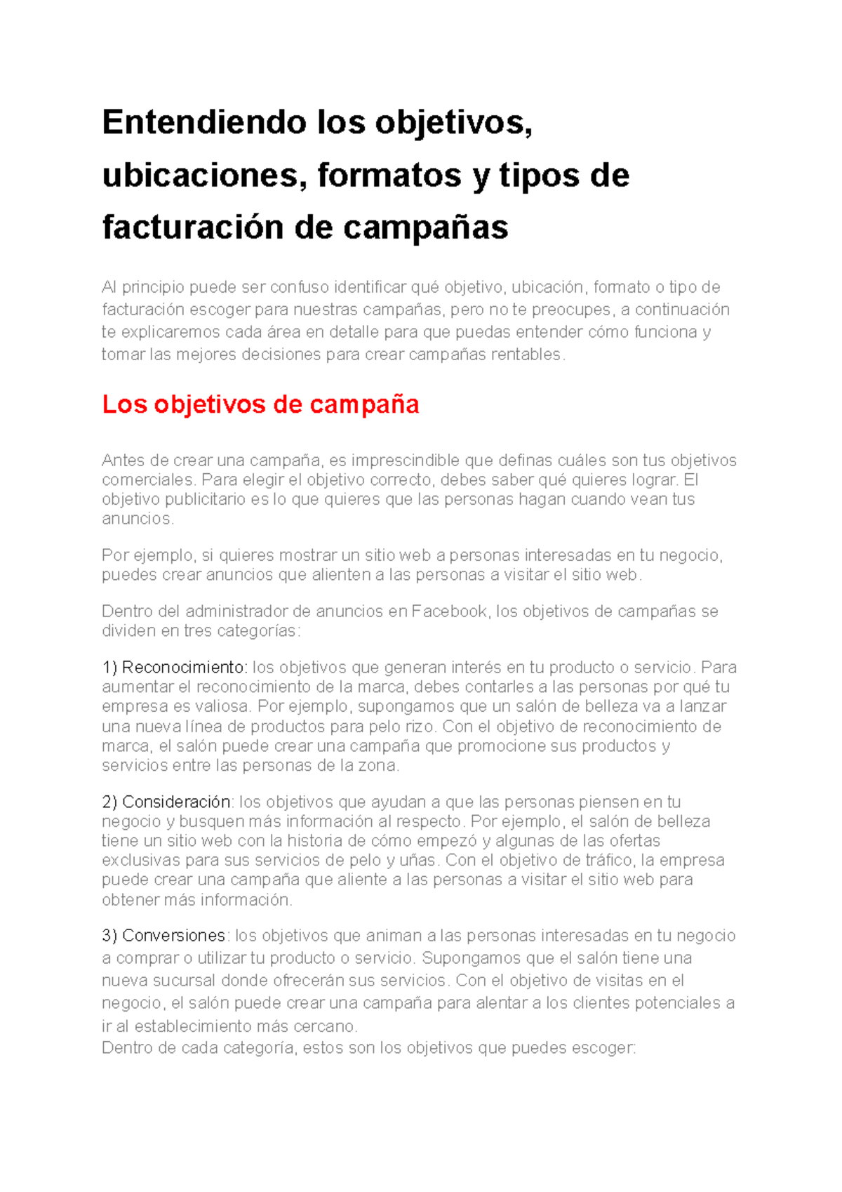 2.1-Entendiendo los objetivos, ubicaciones, formatos y tipos de facturación  de campañas - - Studocu