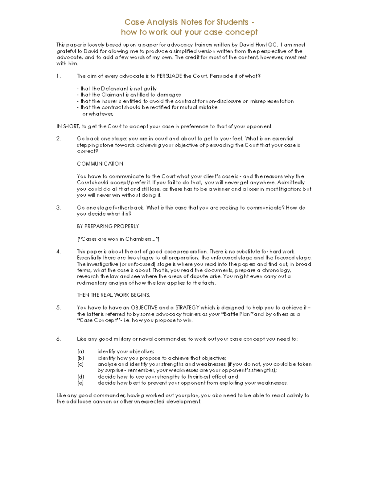 Case Analysis Notes for Students - I am most grateful to David for ...
