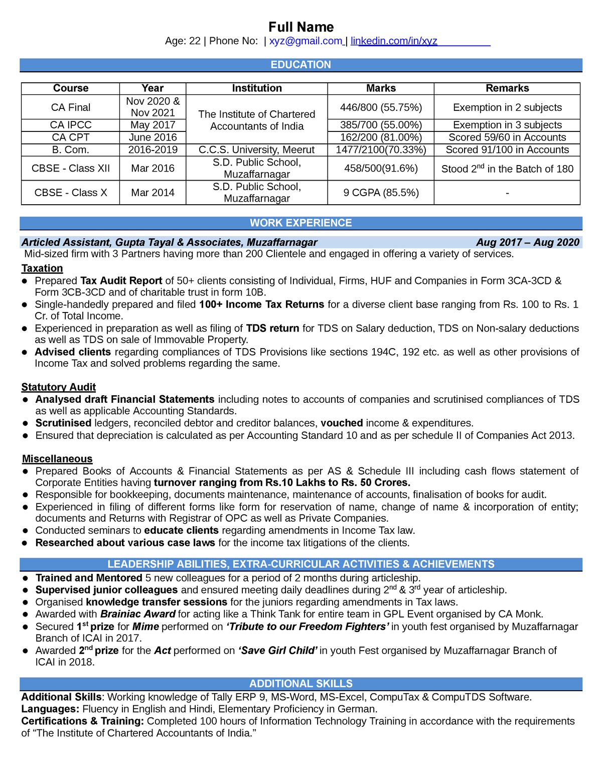 Sample Resume E CA Monk EDUCATION WORK EXPERIENCE LEADERSHIP