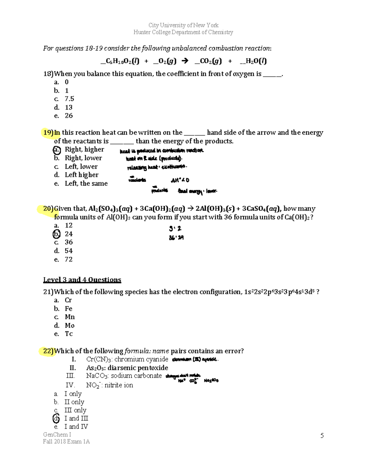 General Chemistry I 2018 Exam 1 Part 4 - City University of New York ...