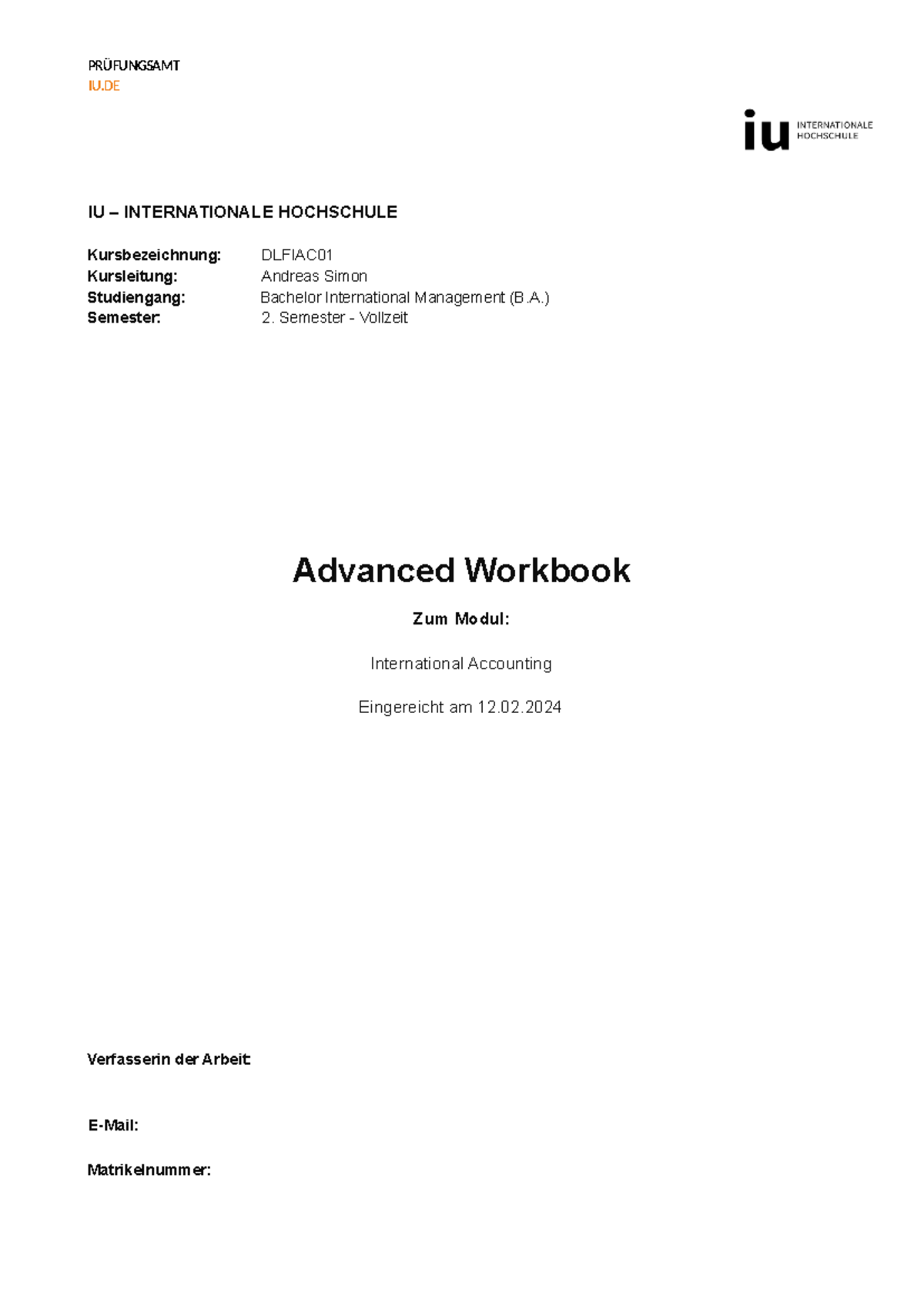 Advanced Workbook Iu Beispiel International Accounting Workbook - IU IU – INTERNATIONALE HOCHSCHULE