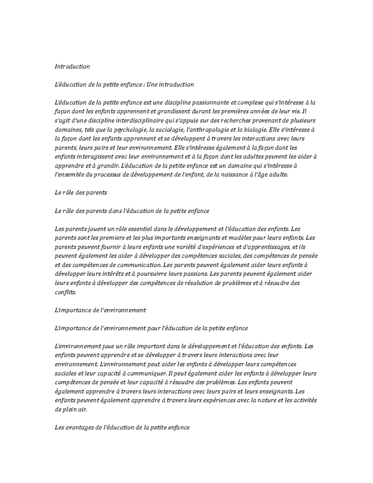 Early Childhood Education Study Notes Introduction L’éducation de la petite enfance Une