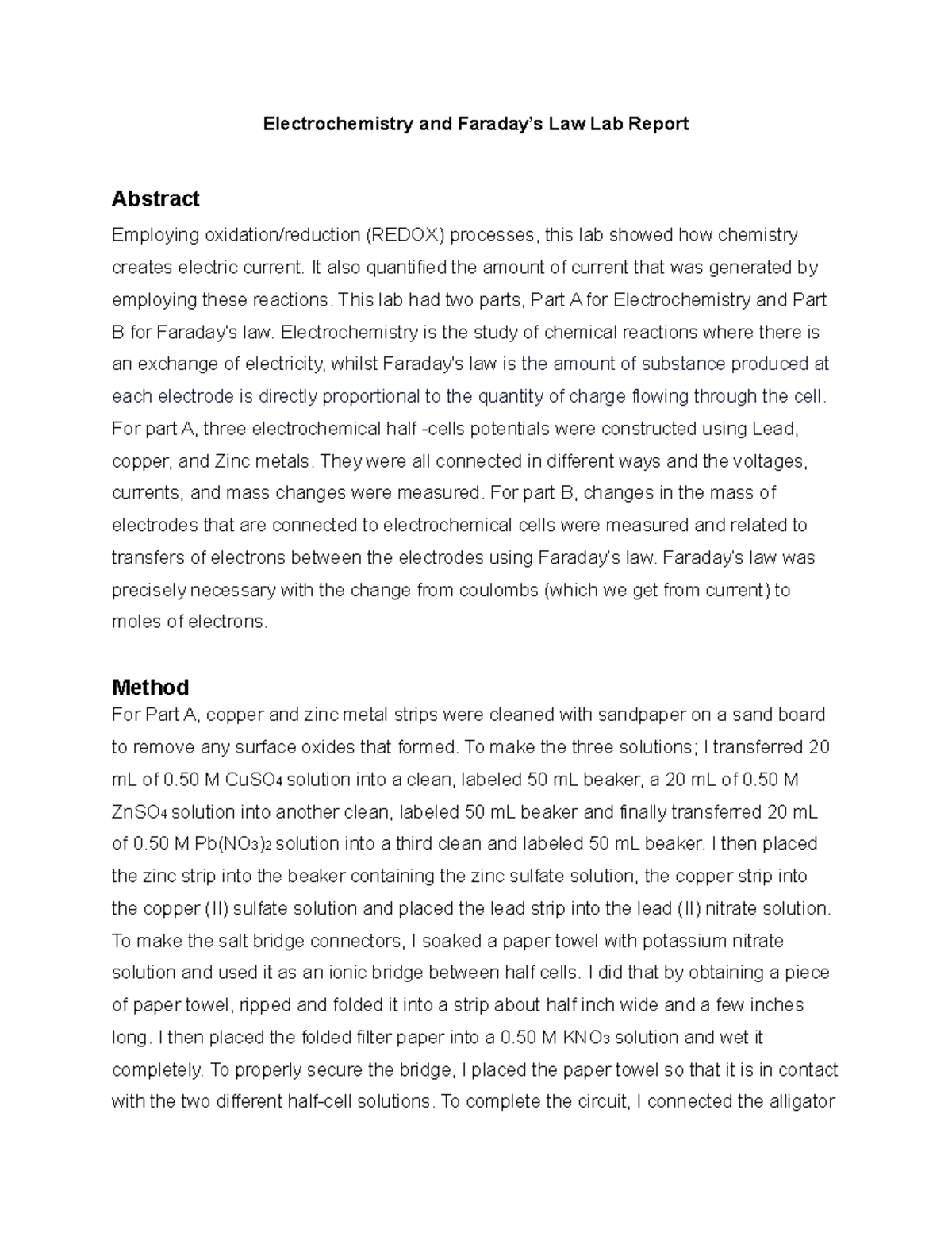 Electrochemistry and Faraday’s Law Lab Report2 Electrochemistry and