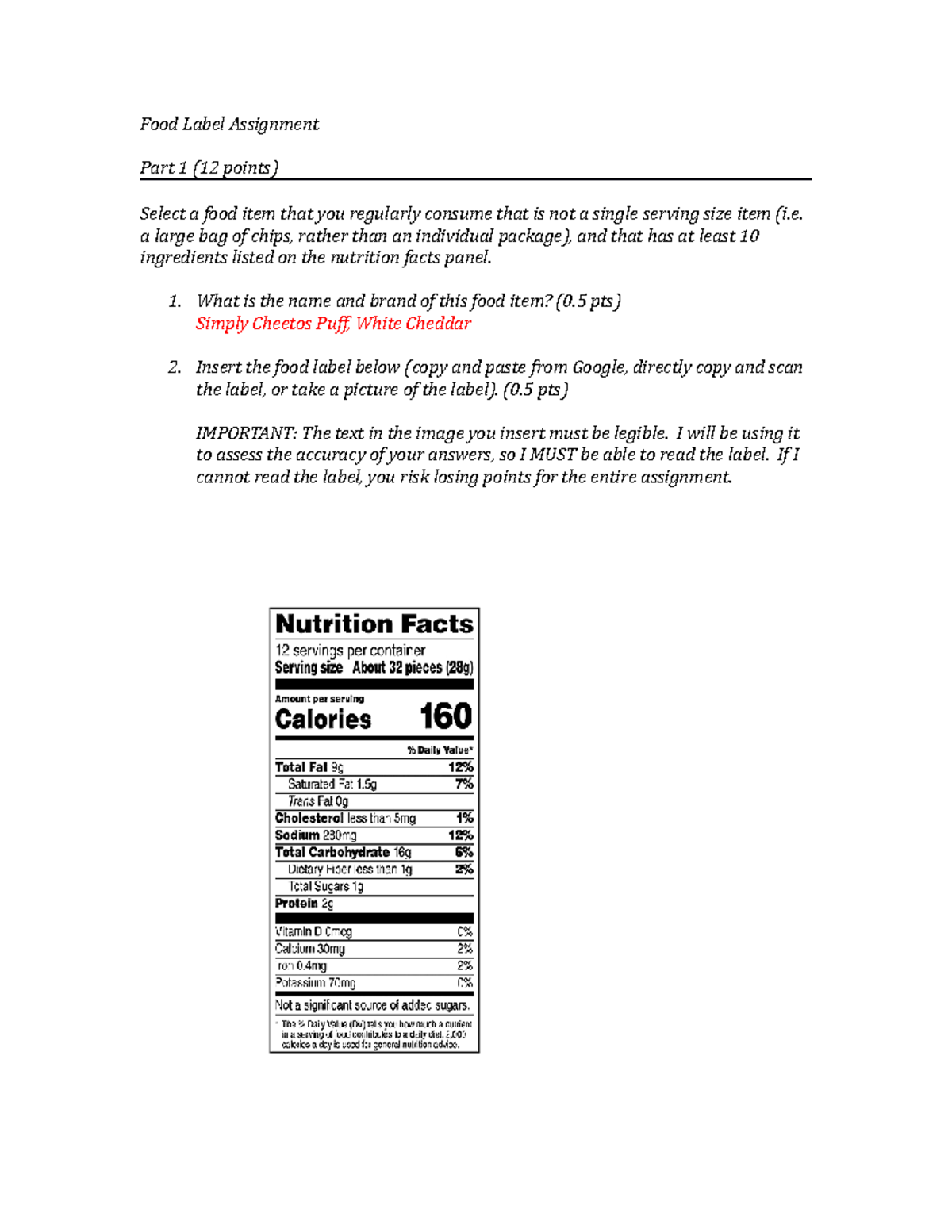 food label calculations assignment