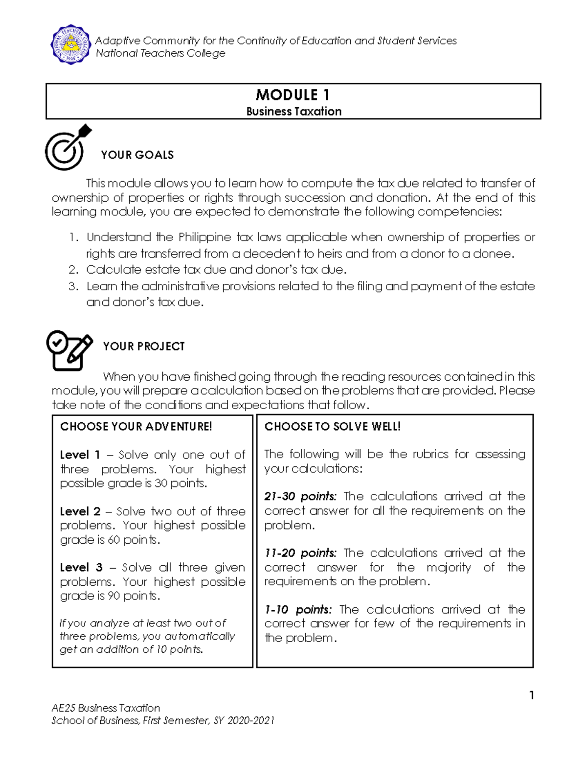 SOB Business-Taxation-M1 - National Teachers College 1 AE25 Business ...