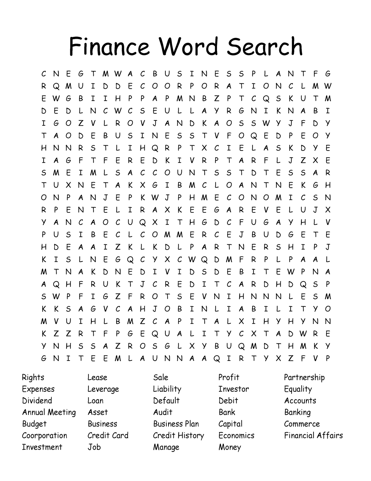 personal finance terms word search