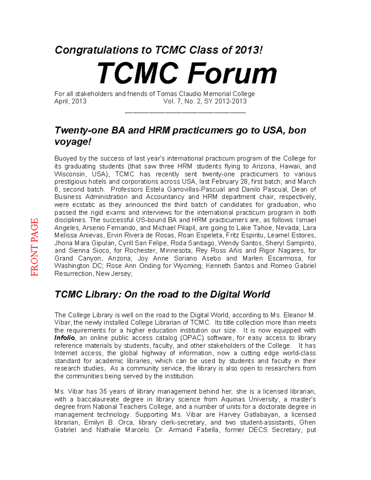 Tcmc forum march april 2013 - Congratulations to TCMC Class of 2013 ...