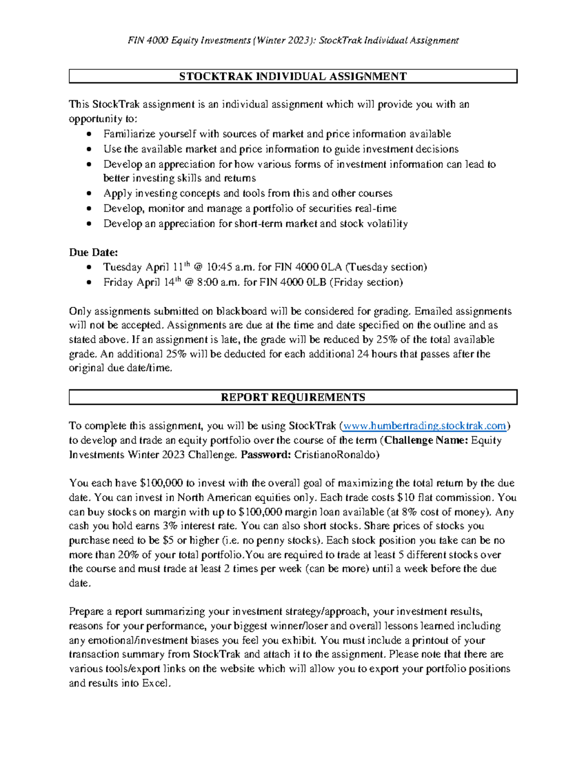 FIN 4000 (Equity Investments) Stock Trak Individual Assignment - FIN ...