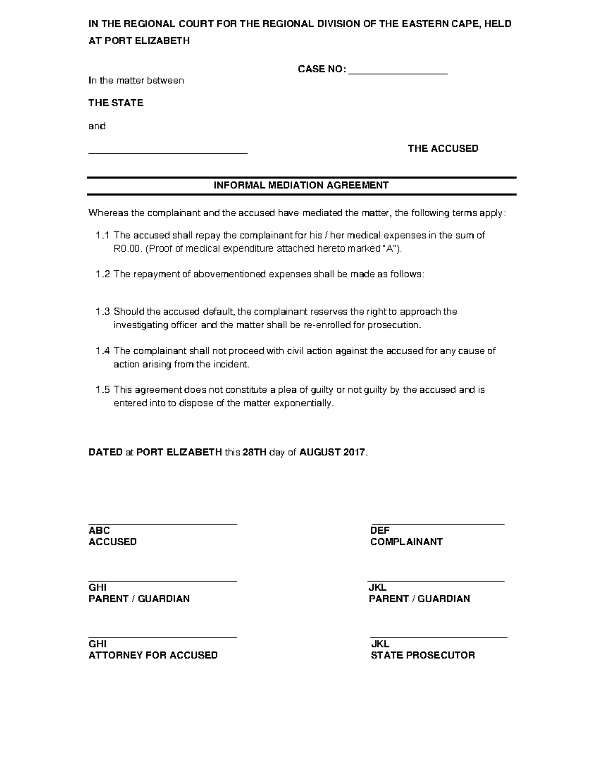 Informal Mediation Agreement Example - IN THE REGIONAL COURT FOR THE ...