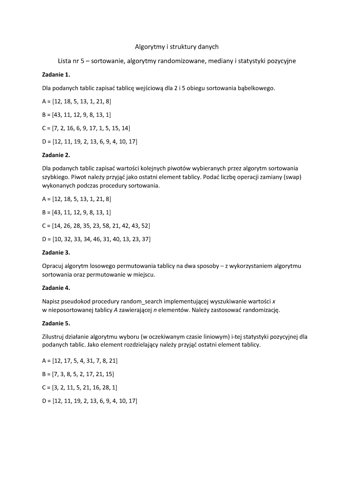 Lista 5 - Podobne Zadania Na Kolokwium - Algorytmy I Struktury Danych ...