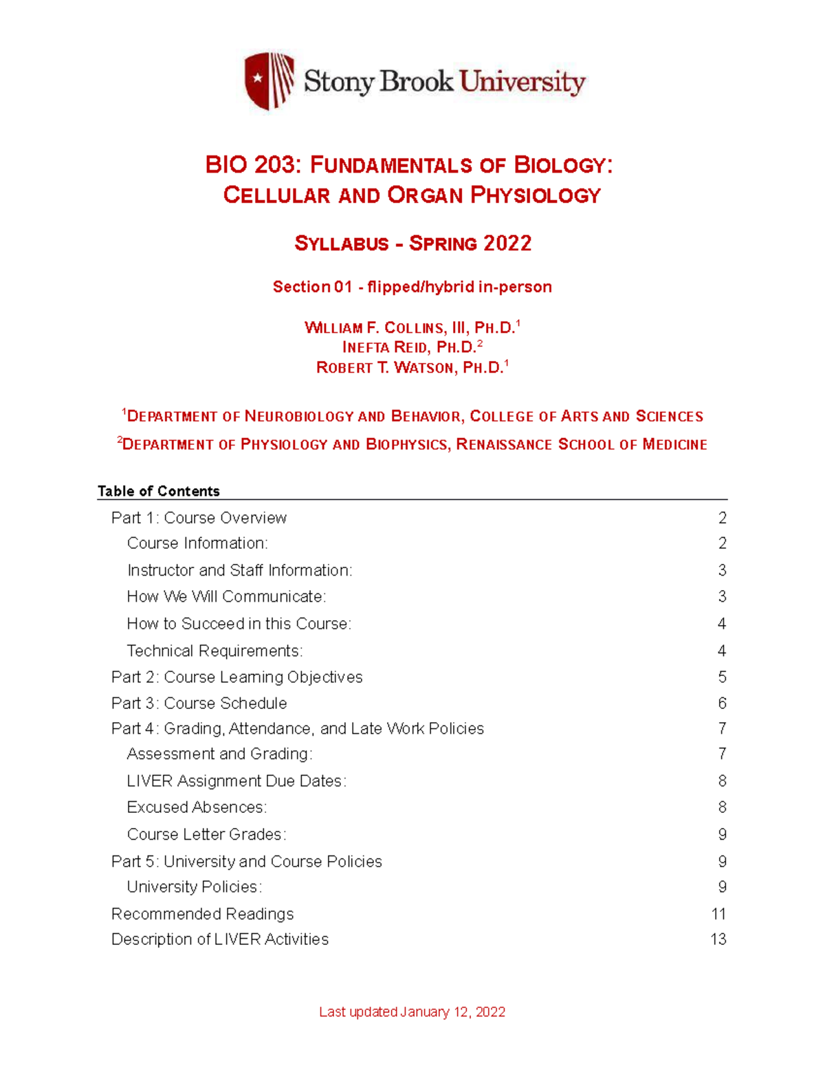 BIO 203 - Syllabus - BIO 203: FUNDAMENTALS OF BIOLOGY: 1 DEPARTMENT OF ...