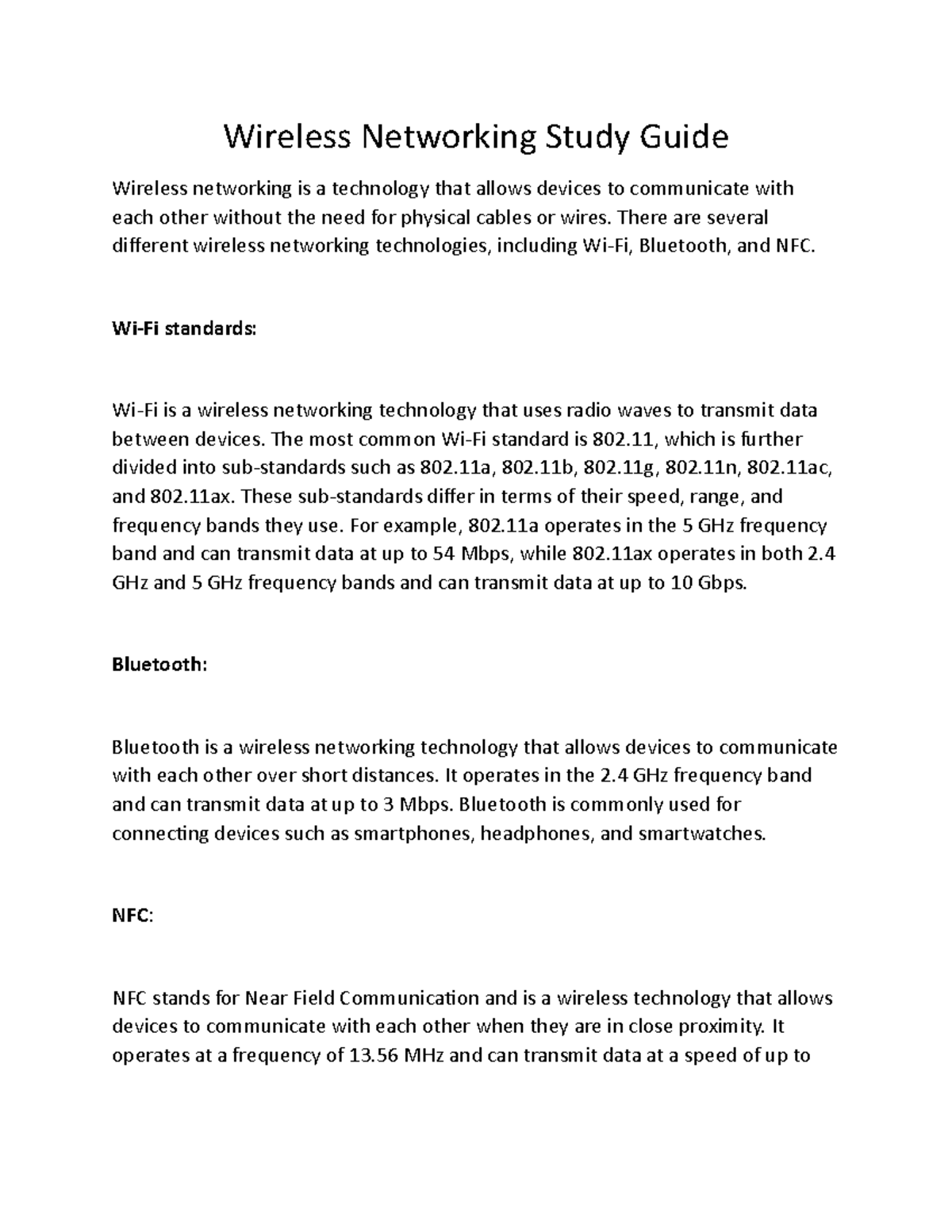 Wireless Networking Study Guide Wireless Networking Study Guide