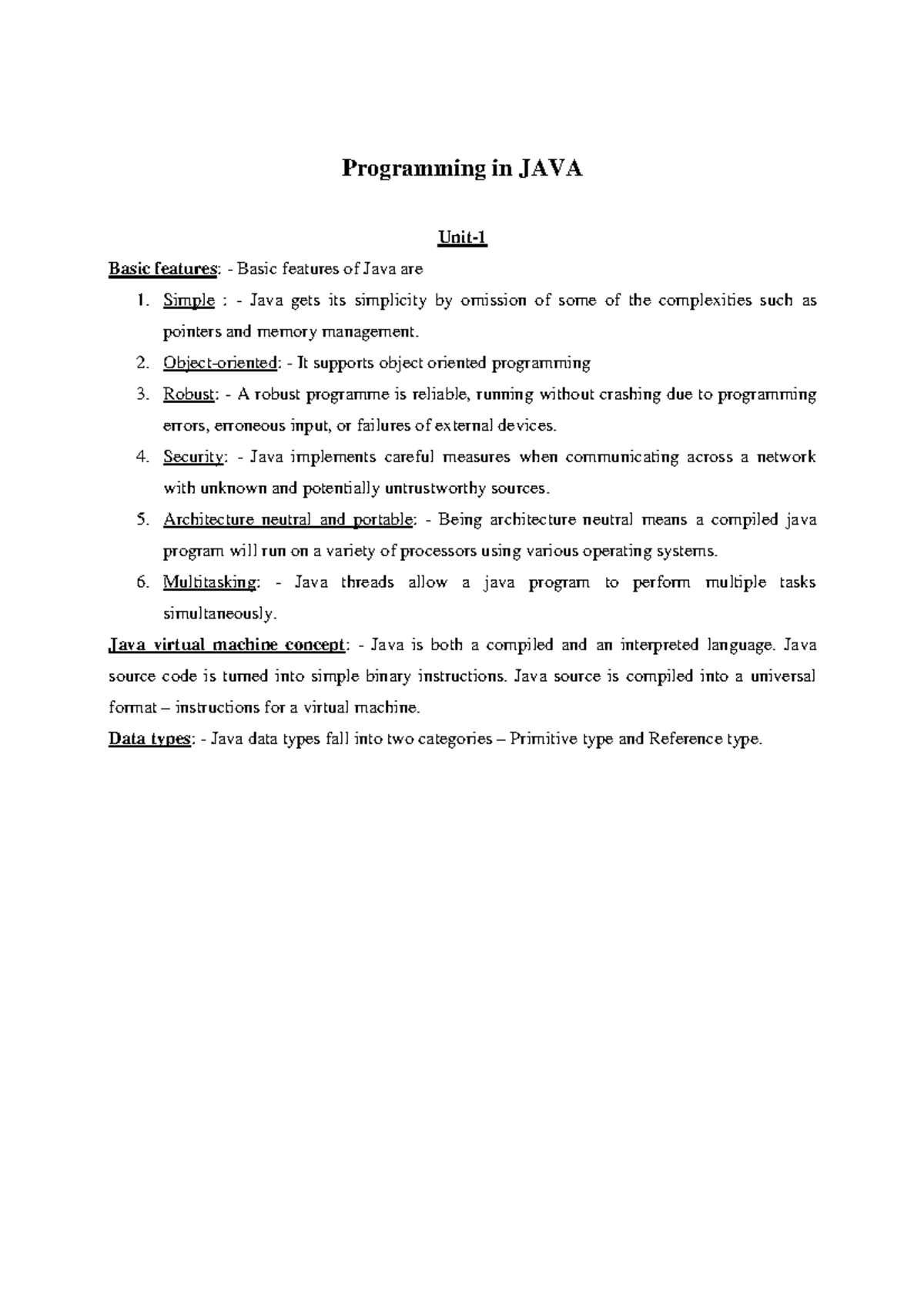 Java 5 sem - Programming in JAVA Unit- Basic features: - Basic features ...
