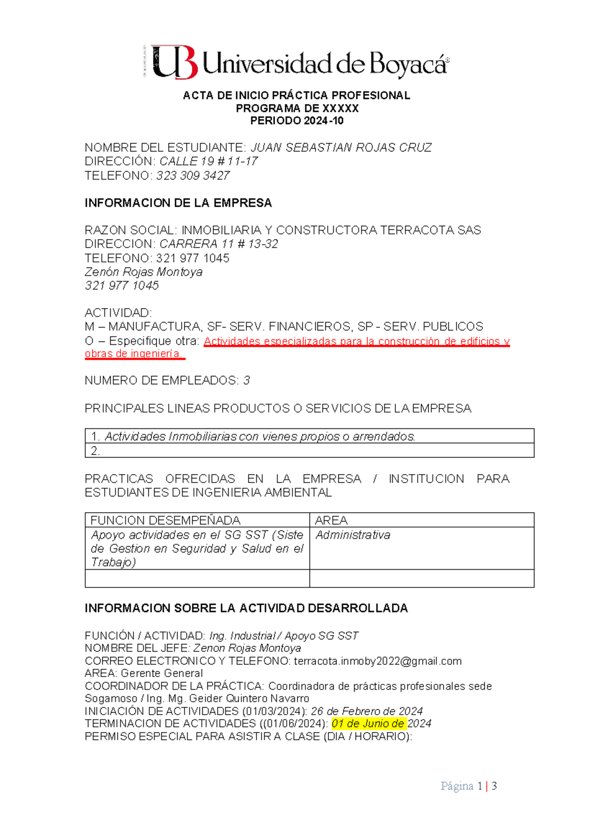 Formato ACTA DE Inicio - ACTA DE INICIO PRÁCTICA PROFESIONAL PROGRAMA ...