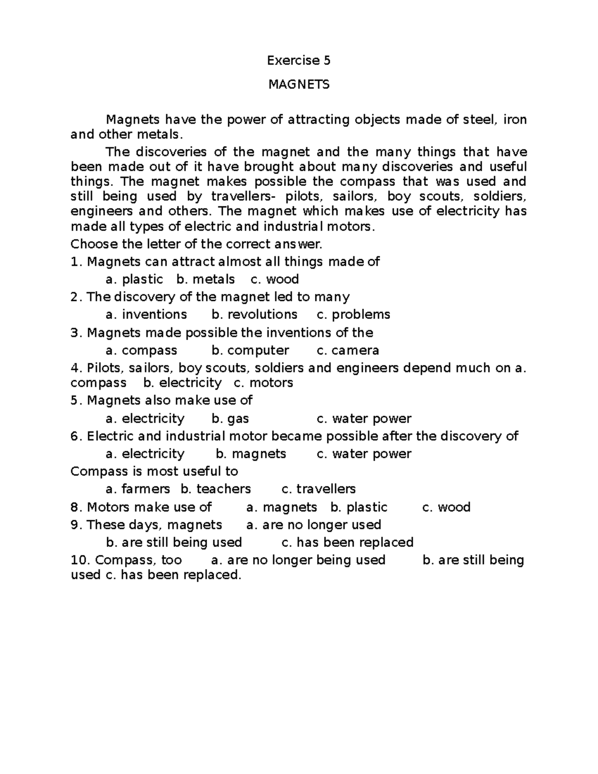 Exercises 5 and 6 - Developing Reading Power - Exercise 5 MAGNETS ...