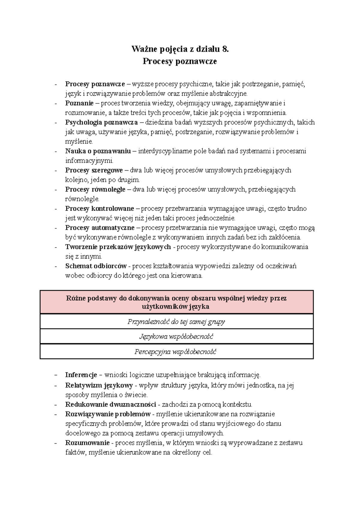 Rozdział 8, Zimbardo (2012 ) - Ważne pojęcia z działu 8. Procesy