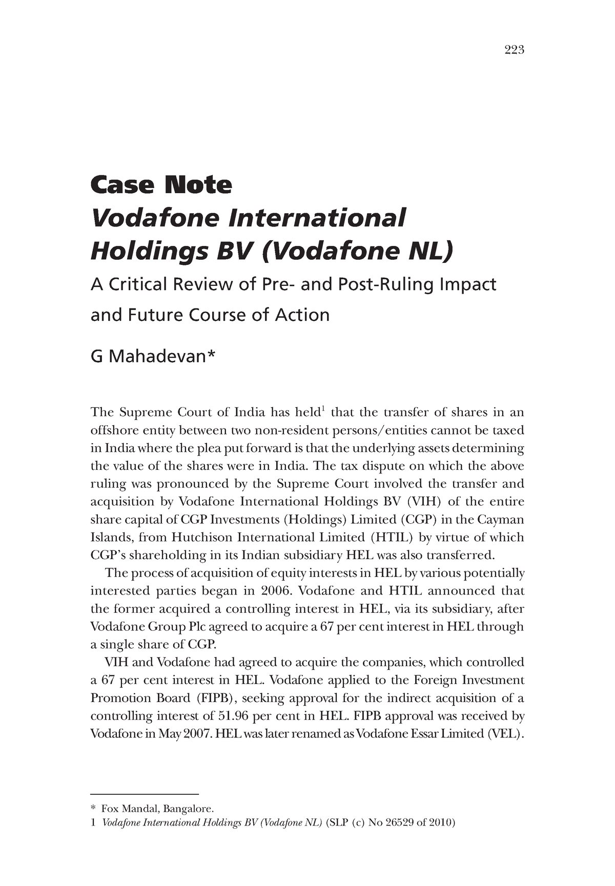 Case Note Vodafone Internatio - 223 Case Note Vodafone International ...