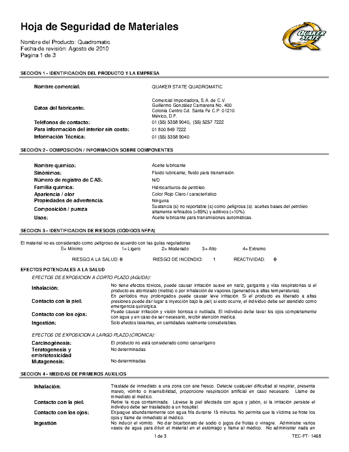 HOJA DE SEGURIDAD DE ACEITE DE TRANSMISIÓN (QUAKER) Seguridad Laboral