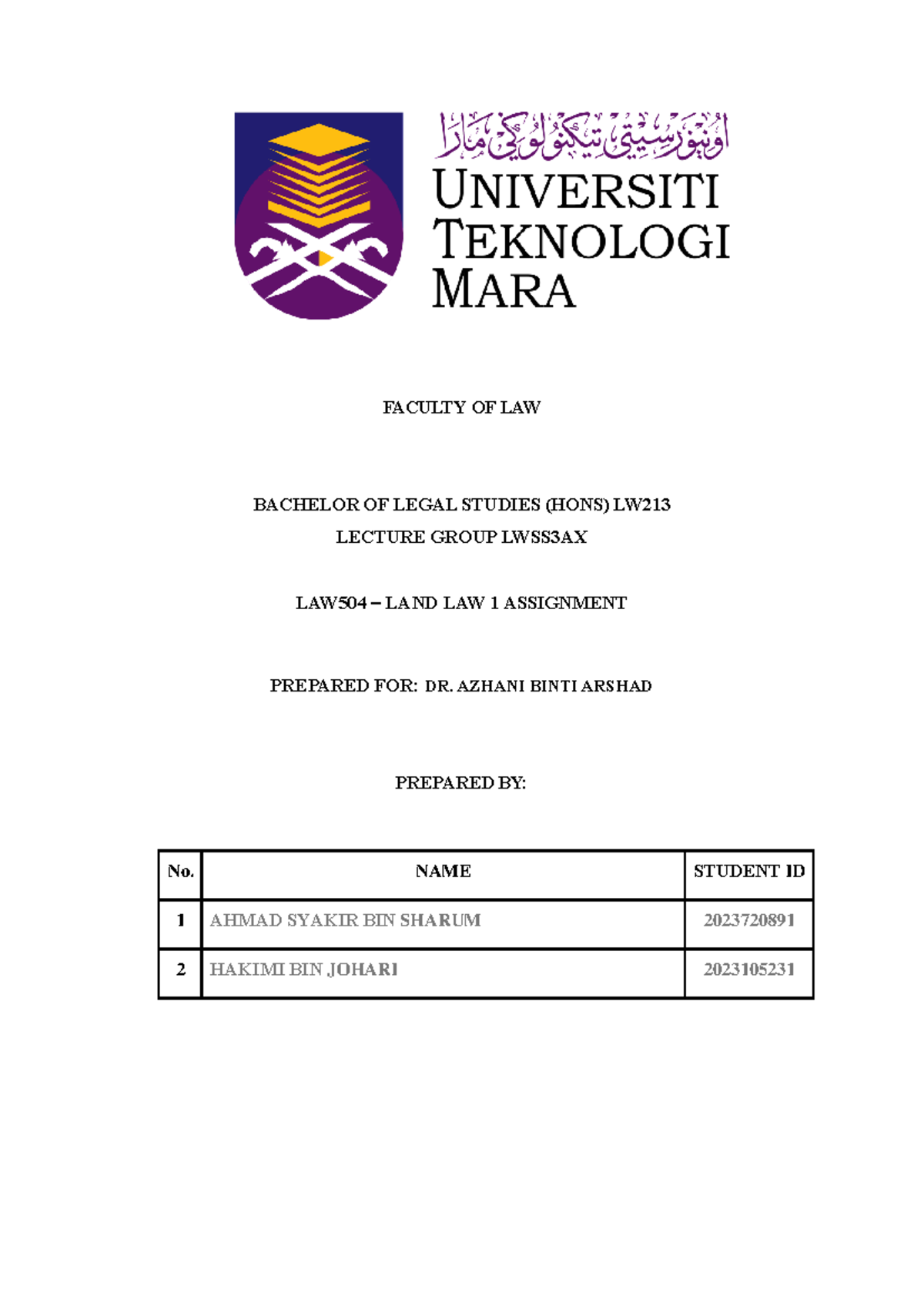 Written Assingment Land Law 1 - FACULTY OF LAW BACHELOR OF LEGAL ...