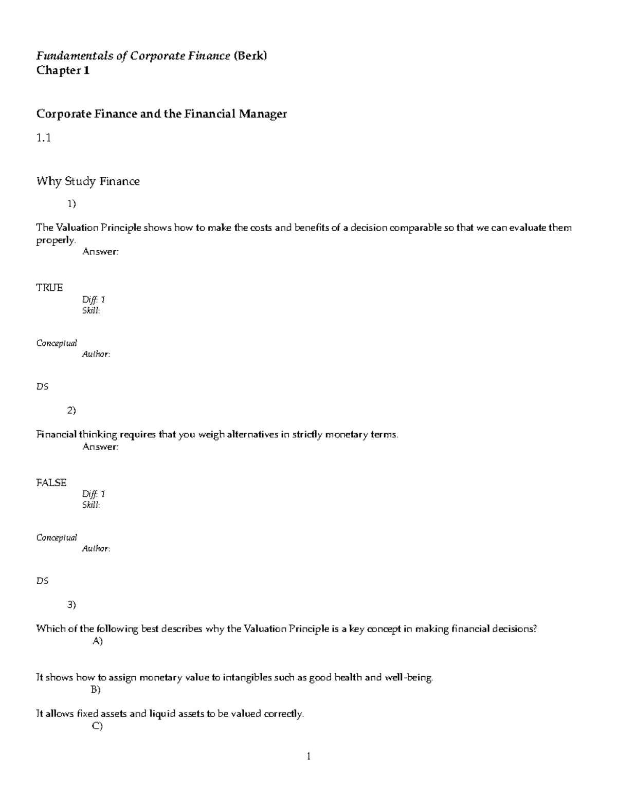 Chapter 1 - Test Bank - Fundamentals Of Corporate Finance (Berk ...