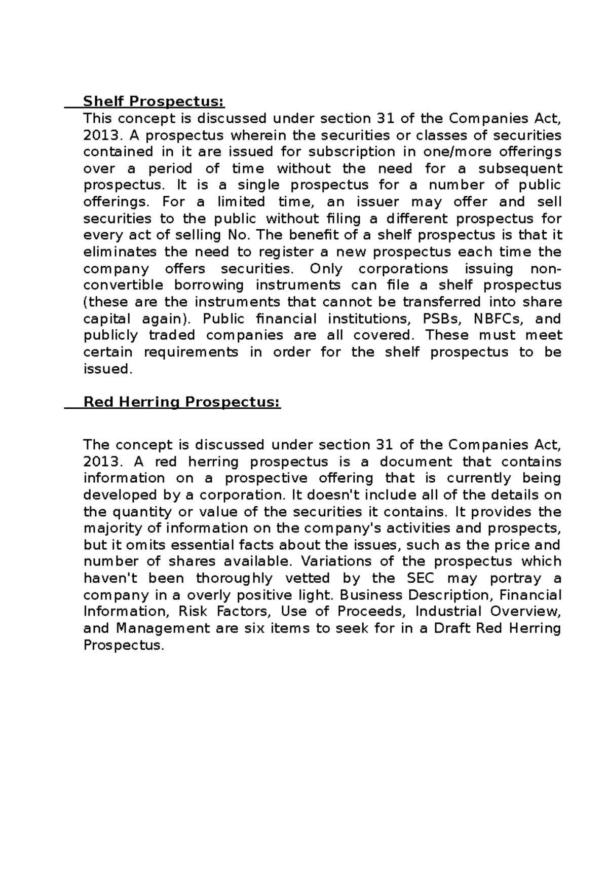 Shelf Prospectus Company Law Notes Shelf Prospectus This concept