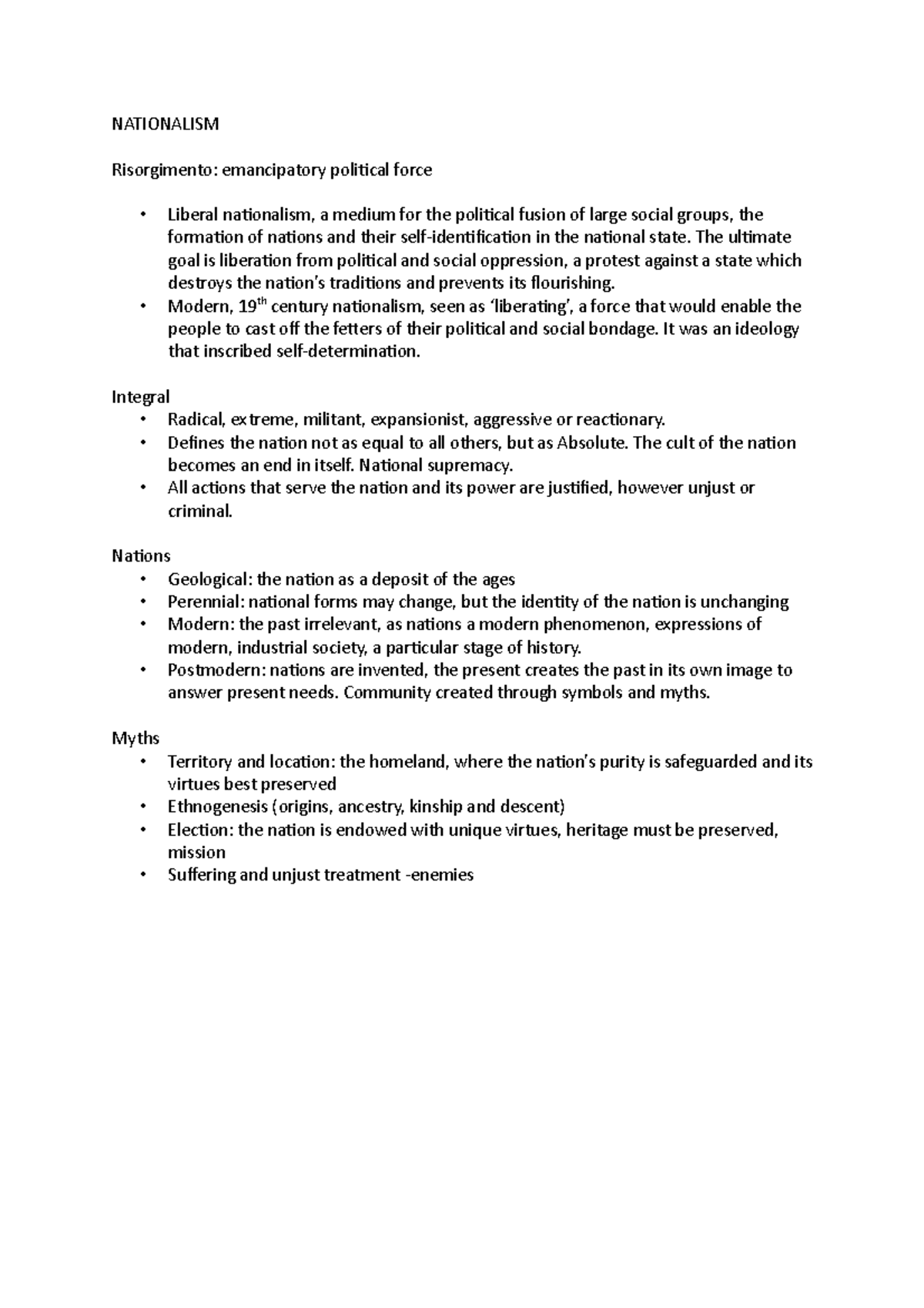 Nationalism notes - NATIONALISM Risorgimento: emancipatory political ...