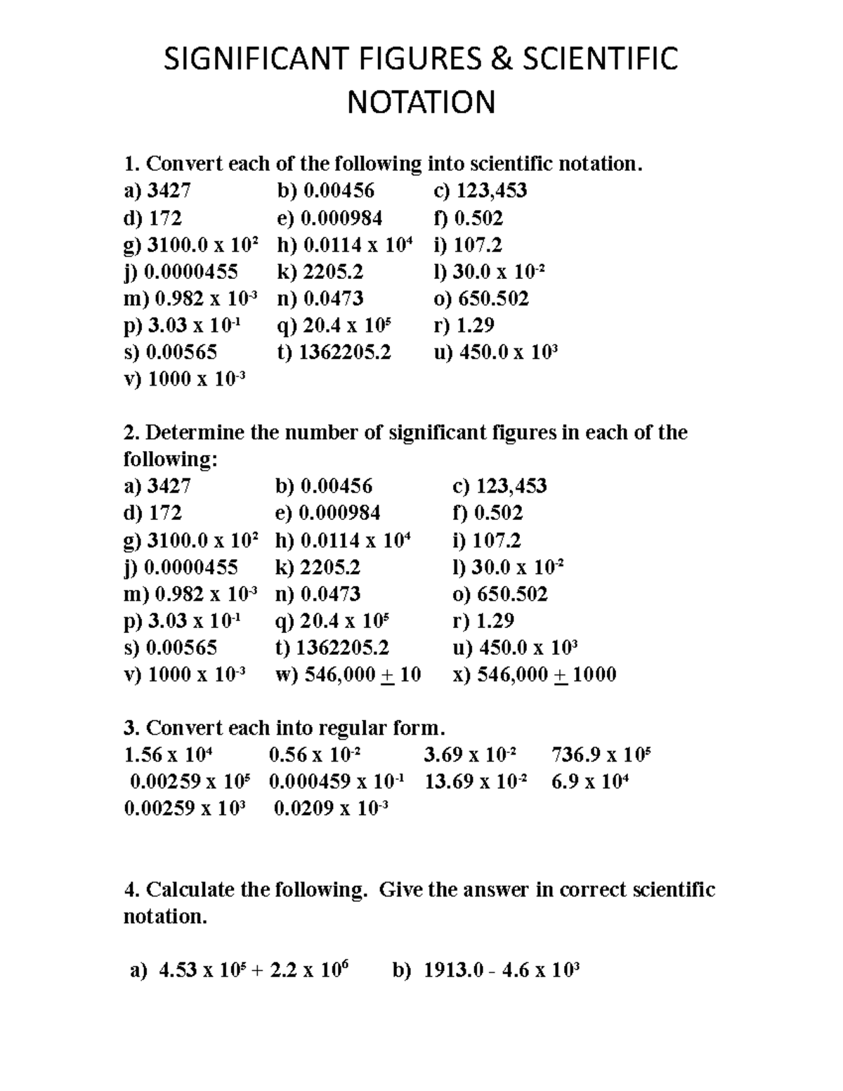 Scientific Notation/significant Digits Worksheet