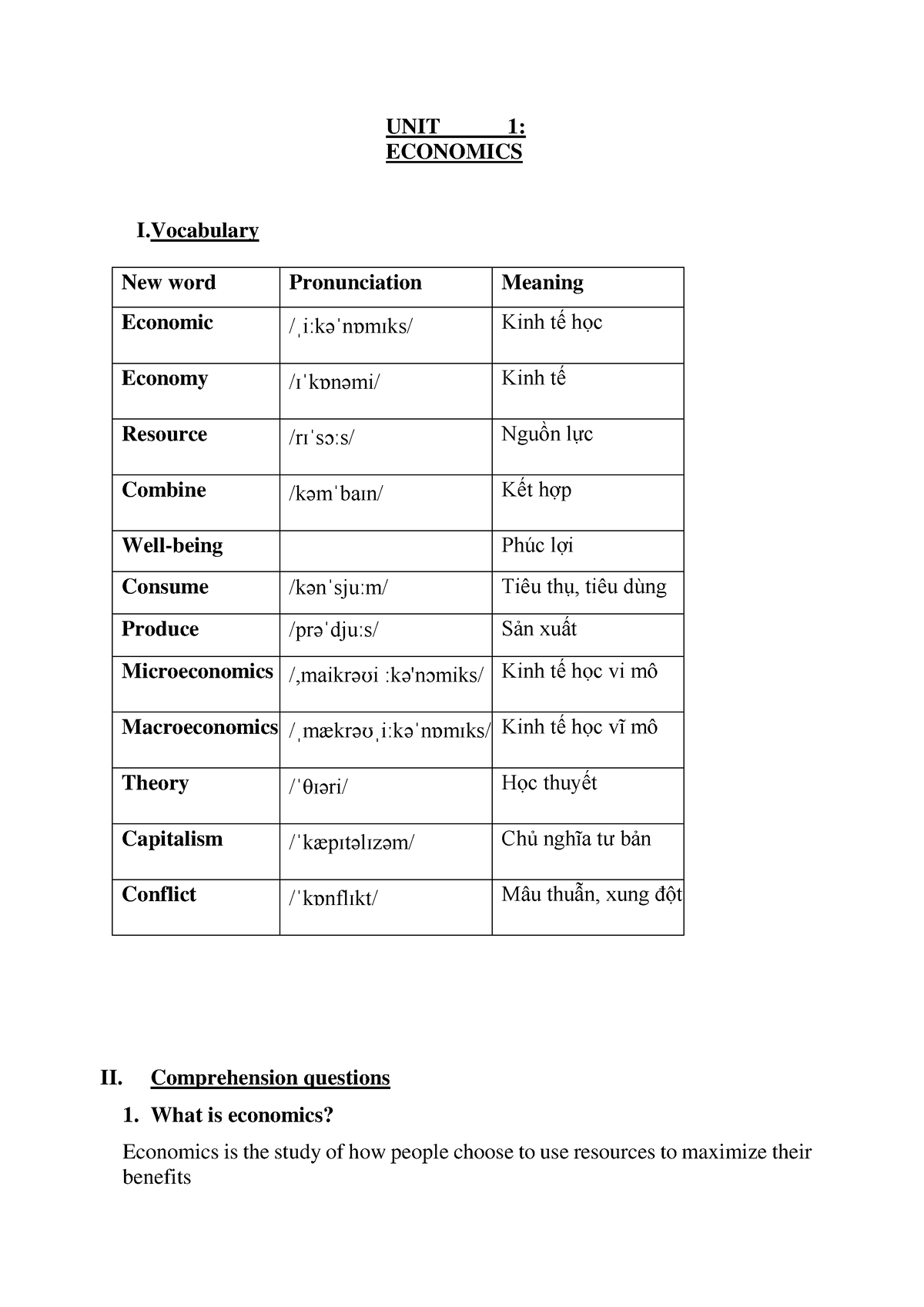 Câu hỏi ngắn + vocab - UNIT 1: ECONOMICS I New word Pronunciation ...