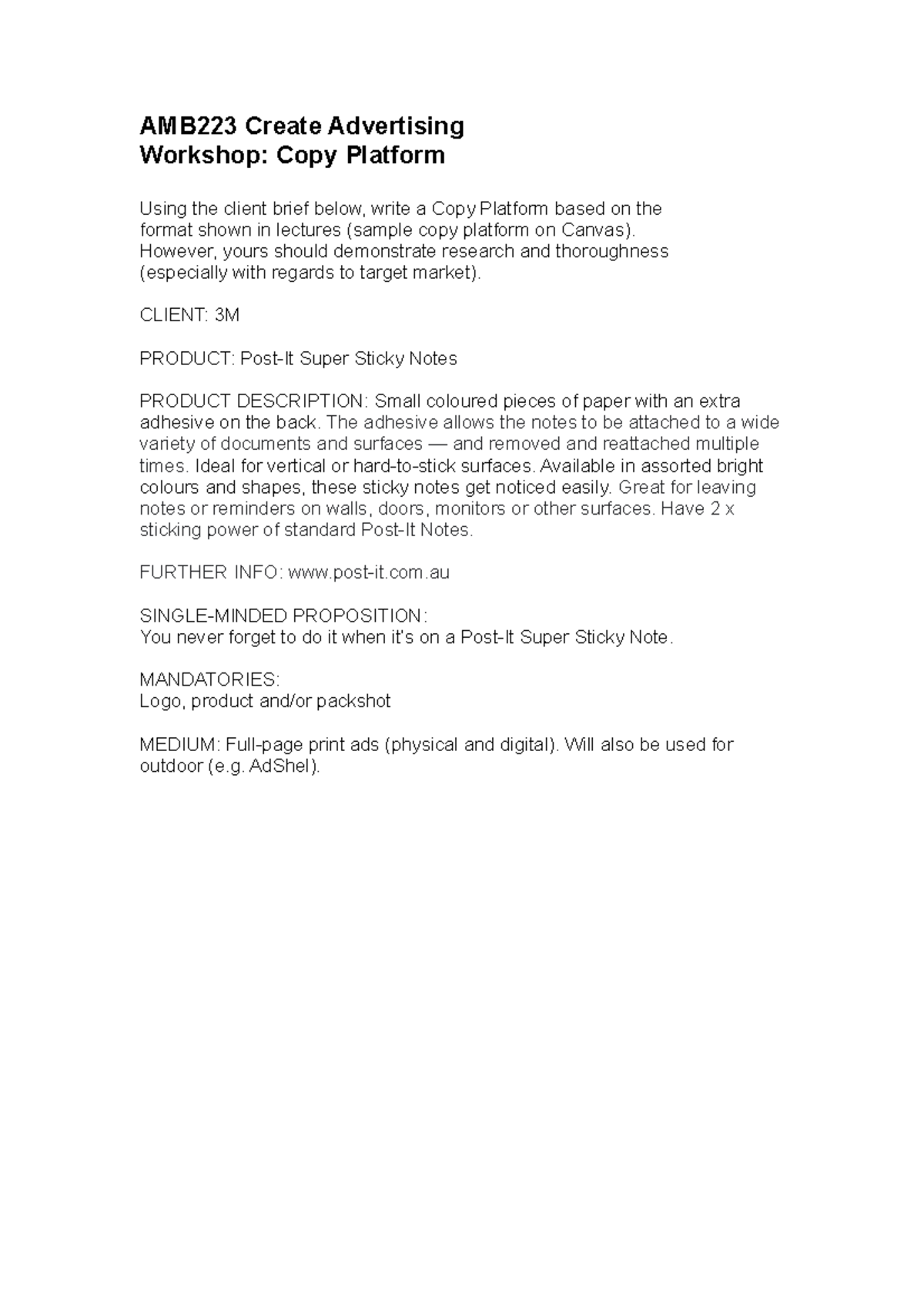AMB223 COPY Platform Brief - POST-IT Notes - AMB223 Create Advertising ...