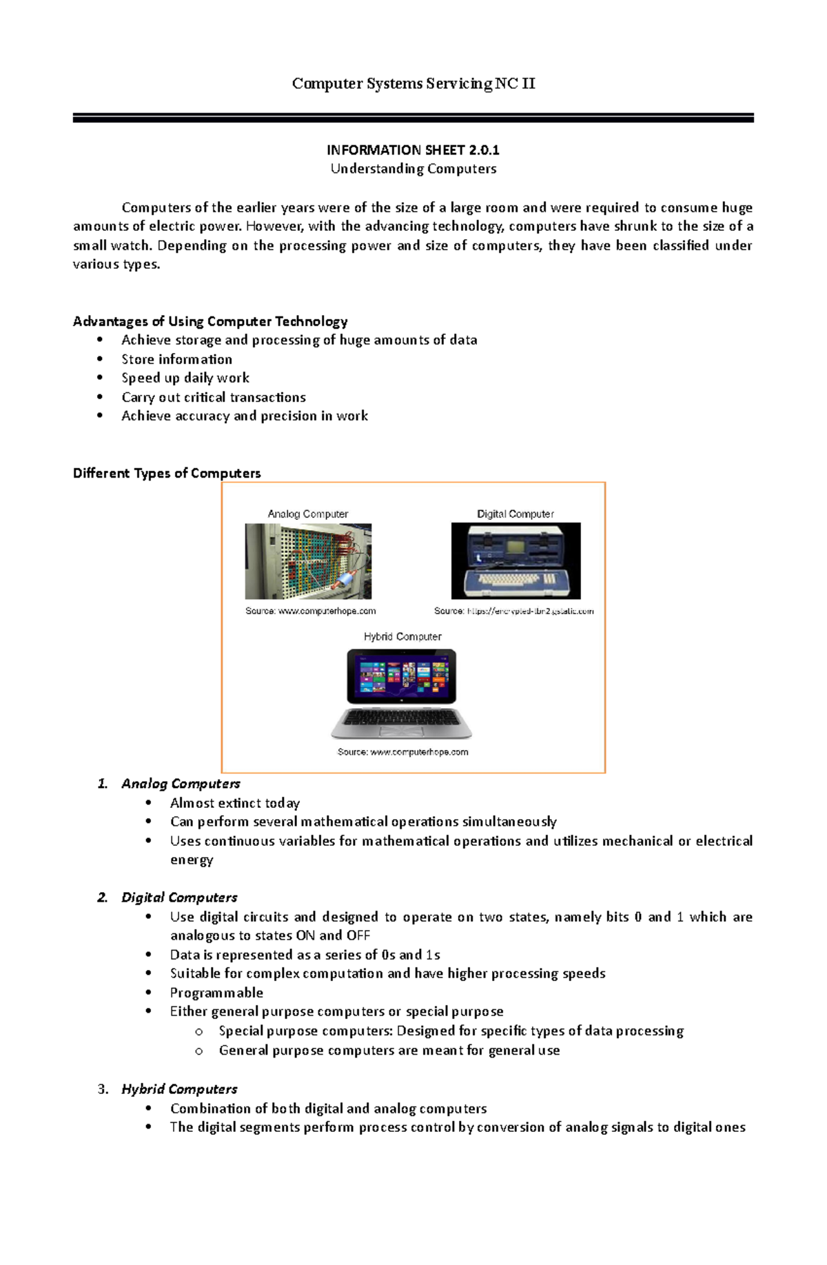 Information Sheet 2.0.1 on Understanding Computers - Computer Systems ...