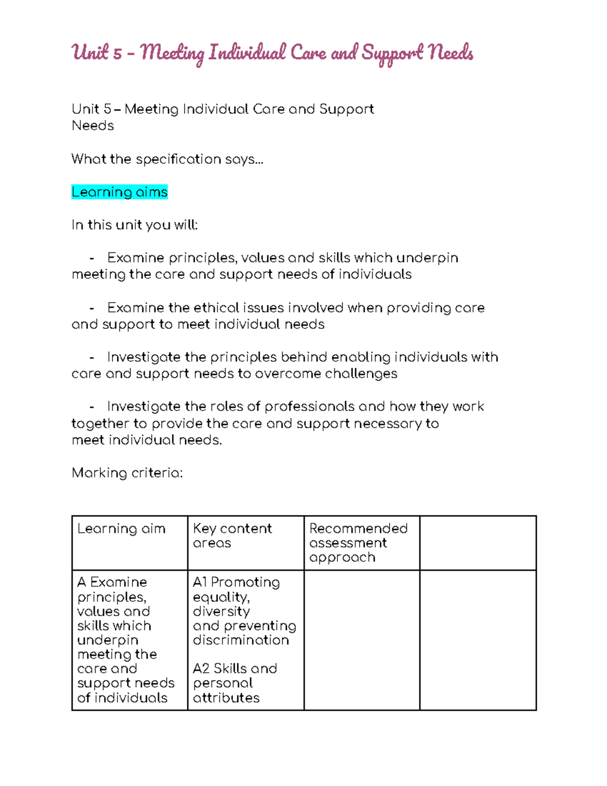 Unit 5 notes - h and s care - Unit 5 – Meeting Individual Care and ...