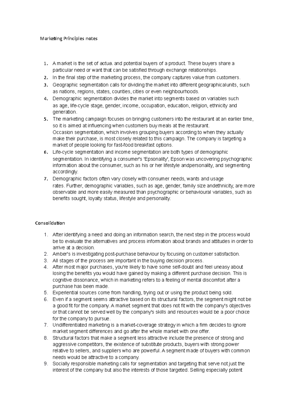 Marketing Principles notes - A market is the set of actual and ...