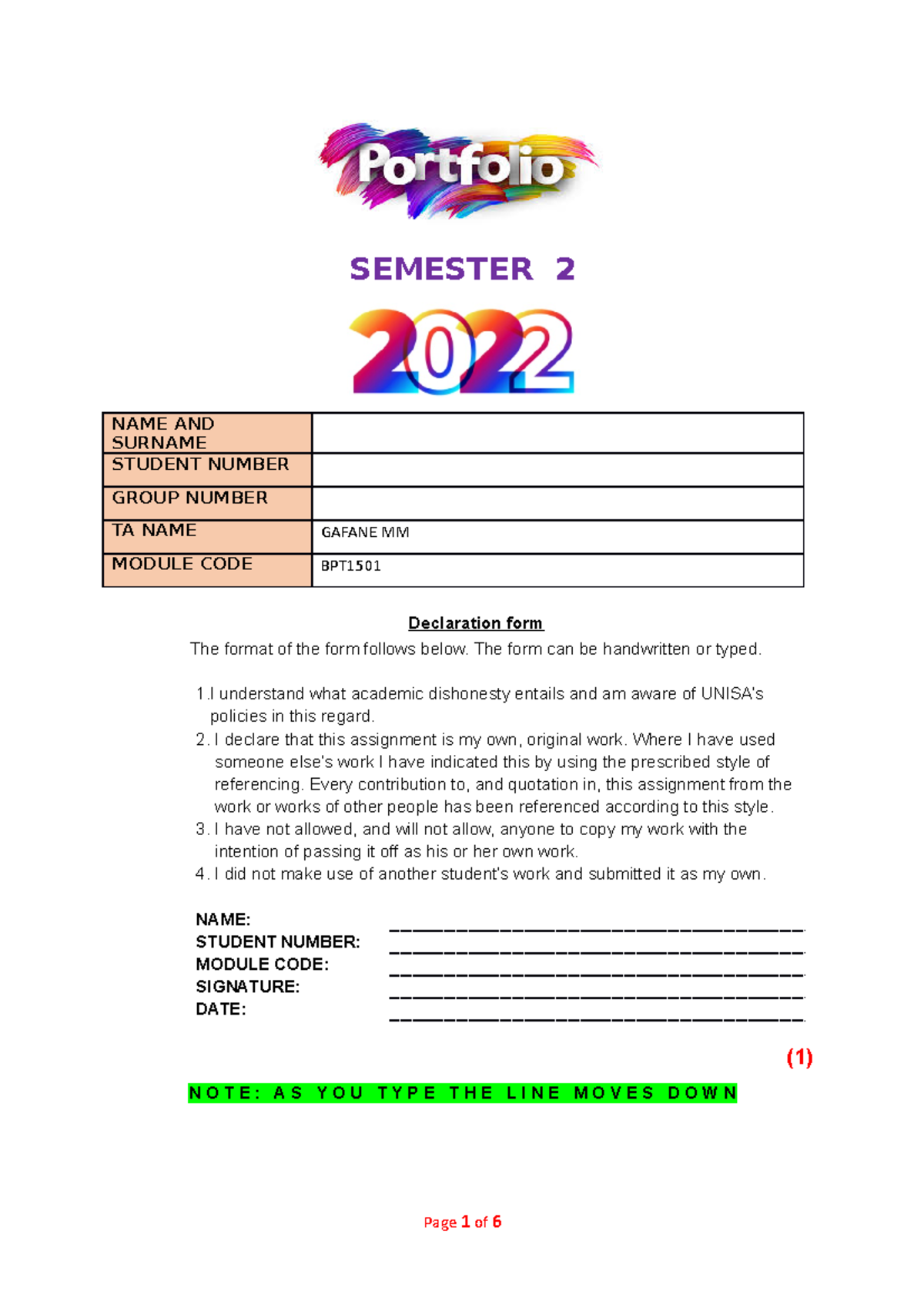 Portfolio template-S2-2022 - SEMESTER 2 NAME AND SURNAME STUDENT NUMBER ...