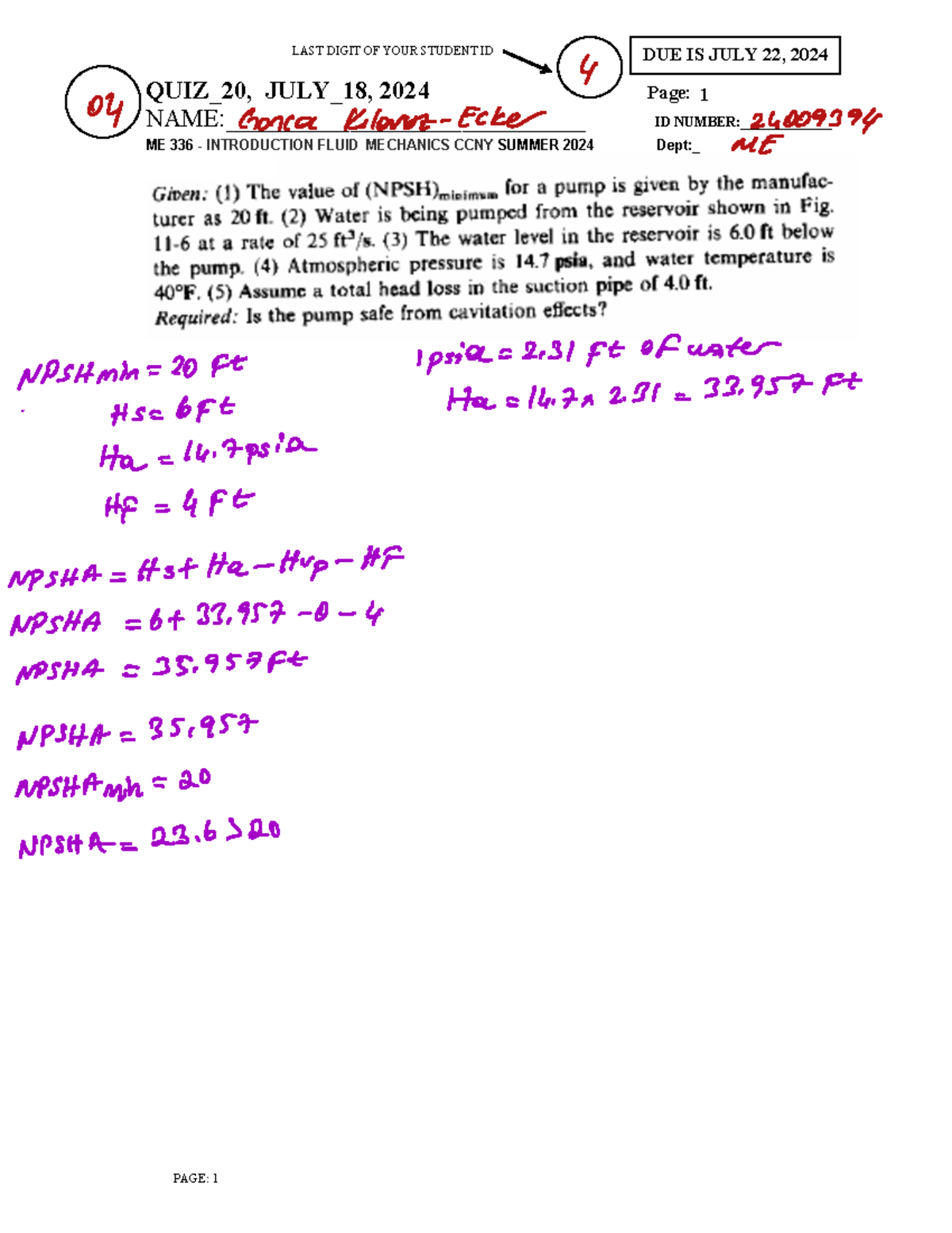 QUIZ 20 ME 356 Fluid Mechanics SUM 2024 - QUIZ_20, JULY_18, 2024 Page ...