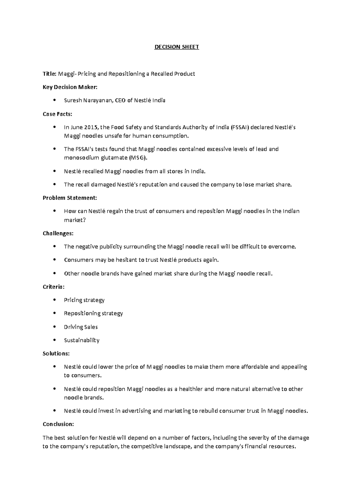 CB Case 5 Assignment DECISION SHEET Title Maggi Pricing and