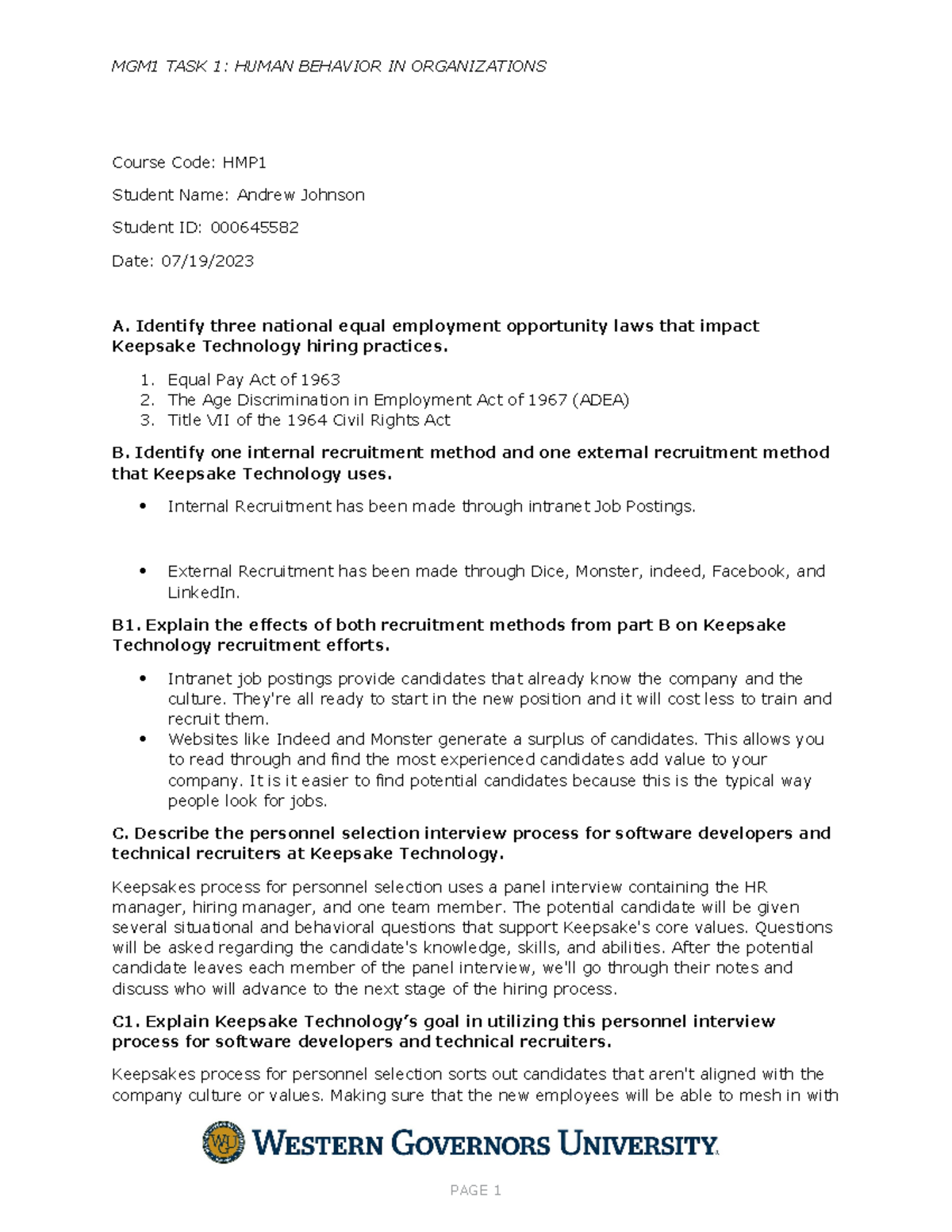 Cases in Advanced Human Resource Management Task 1 - MGM1 TASK 1: HUMAN ...