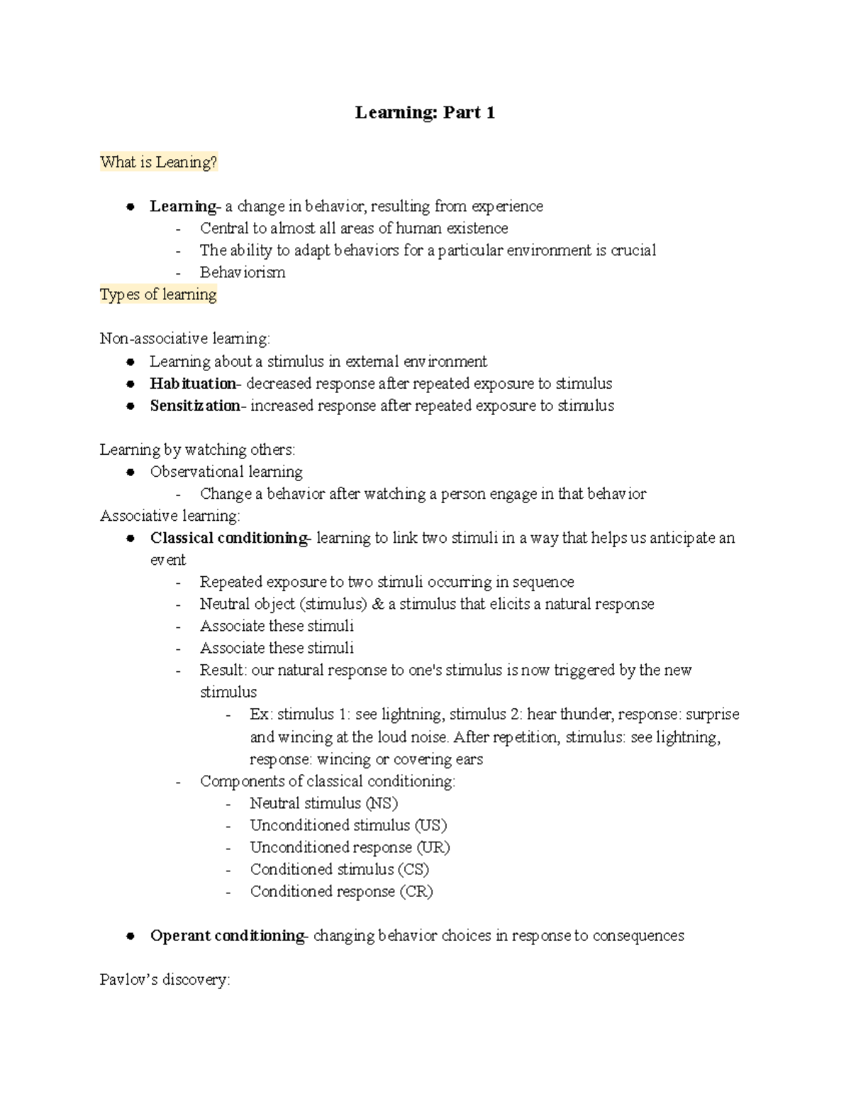 PSYC 101 Notes Learning Pt. 1 - Learning: Part 1 What Is Leaning ...