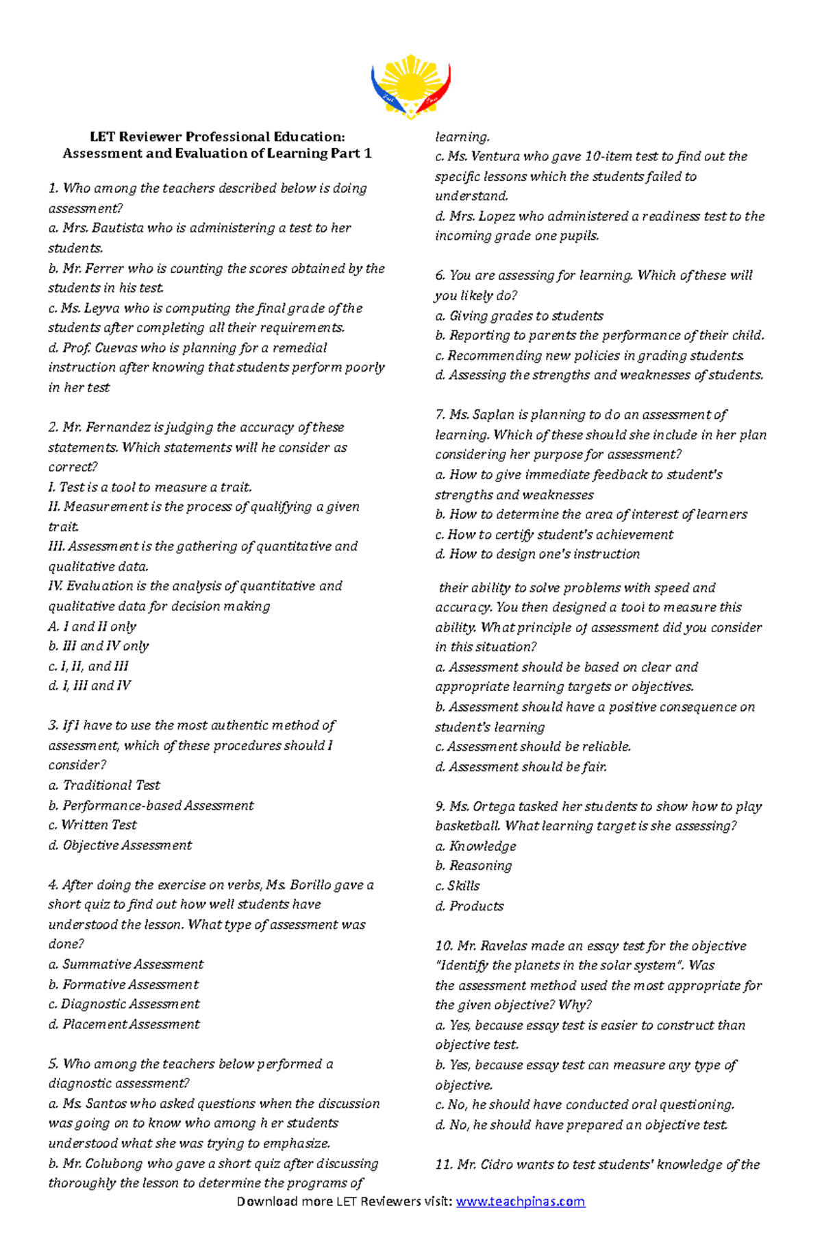 Assessment AND Evaluation OF Learning PART 1 (www - LET Reviewer ...