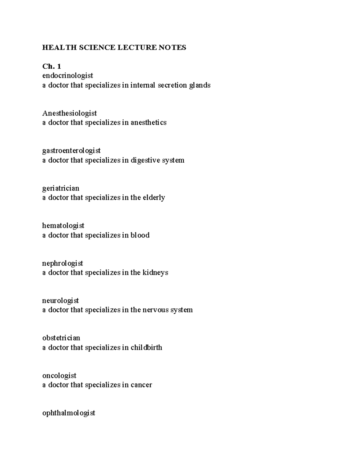 Health Science Lecture Notes - HEALTH SCIENCE LECTURE NOTES Ch. 1 ...