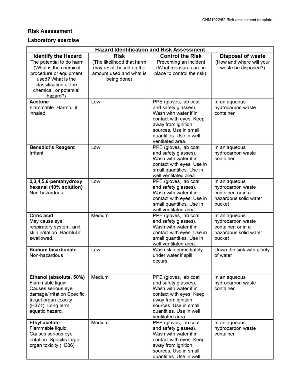 risk assessment template science experiment