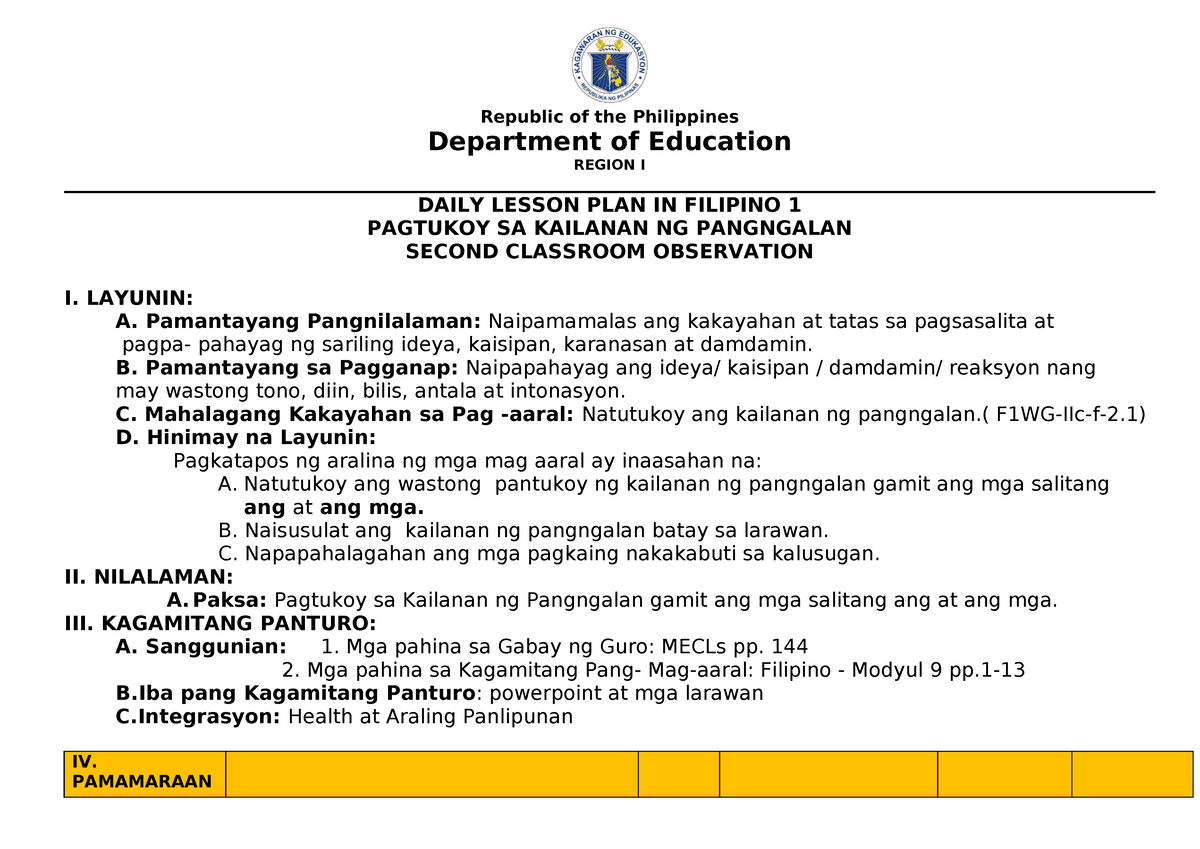 Filipino 1 Dlp Kailanan Ng Pangngalan Department Of Education Region I Daily Lesson Plan In 2502