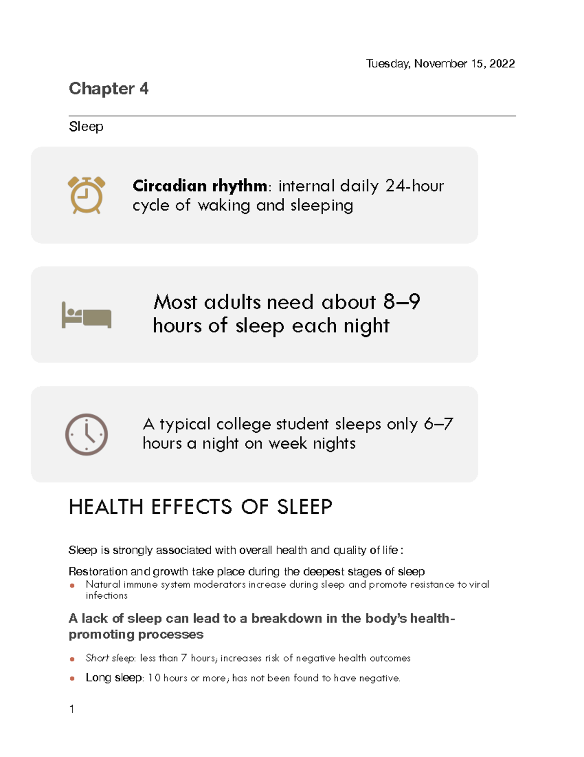 Soc-12 Chapter 4 - Notes - Chapter 4 Sleep Health Effects Of Sleep 