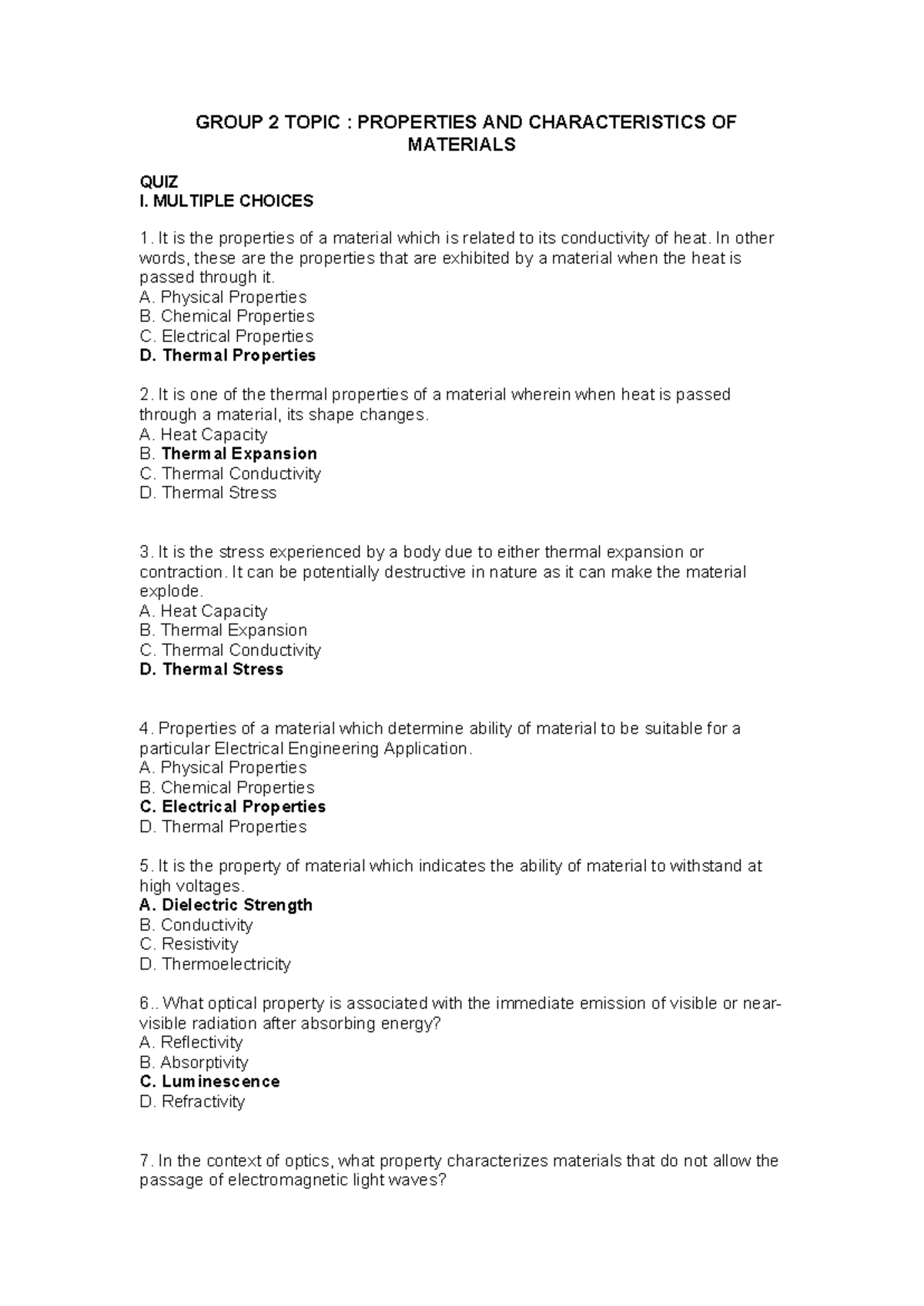 Material Science Quiz GROUP 2 TOPIC PROPERTIES AND CHARACTERISTICS