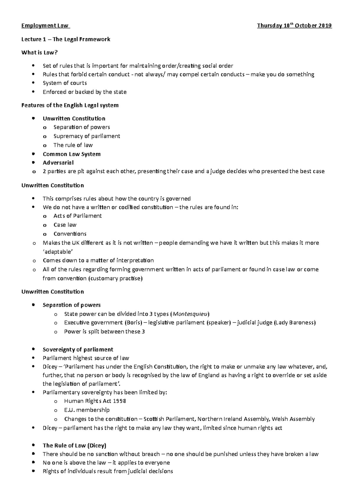 Employment Law Lecture 1 Notes - Employment Law Thursday 10 th October ...