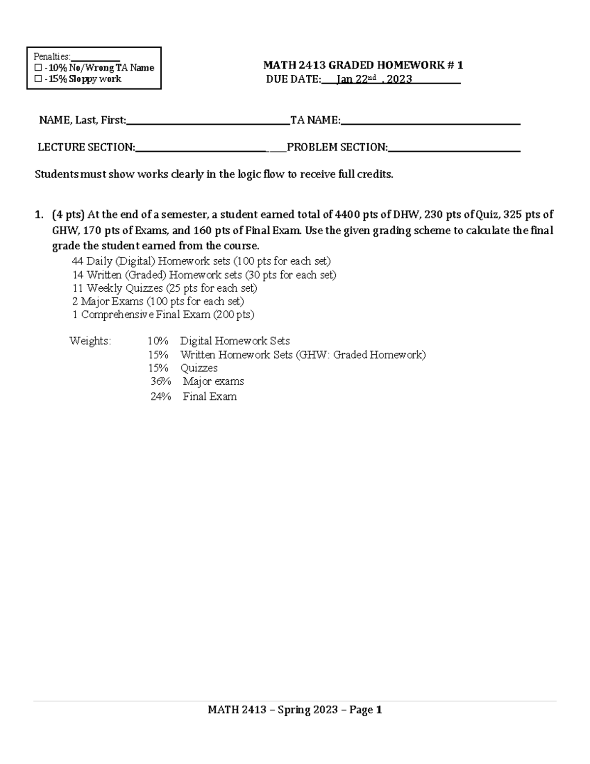 GHW1 vs2-2 - gradeded homework1 - MATH 2413 GRADED HOMEWORK # 1 DUE ...